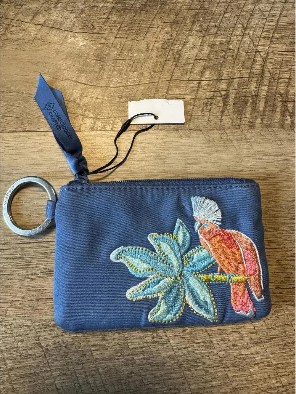 Vera Bradley Blue Embroidered Bird Keychain Wallet NWT
